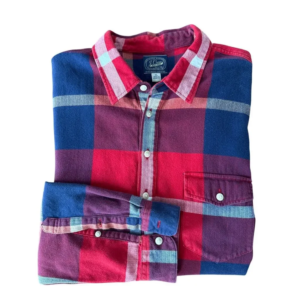 J.CREW New York Mens Red Flannel Plaid Shirt Long Sleeve Half Button XL